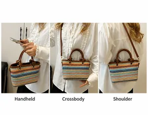 Three-way view of a colorful striped woven handbag with leather handles and strap