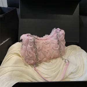 Women's 3D Rose Flower Underarm Bag Elegant Mesh Organza Shoulder Bag With Silver Metal Chain Strap Romantic Party Clutch Purse