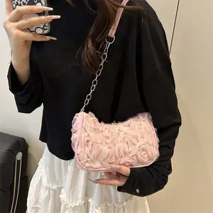 Pink rose floral evening clutch bag with 3D fabric petals and silver metal chain strap