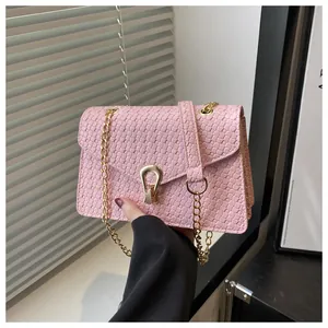 Close-up of pink woven PU crossbody bag with golden horseshoe buckle and chain strap