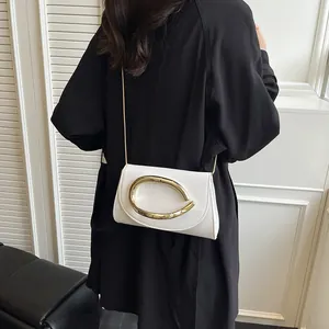 Elegant white PU leather shoulder bag with a gold metal clasp and chain strap