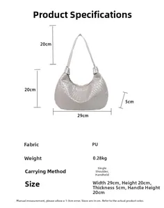 Detailed size specifications for a silver woven PU tote bag including product dimensions