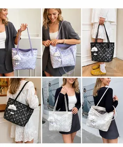 Detail showing high-capacity tote bags in purple, black, and beige with geometric textures
