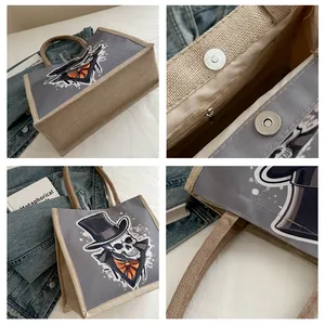 Detailed views of canvas tote bag showing magnetic buckle, stitching and handle texture