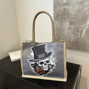 Women Fashion Cartoon Skeleton Gentleman Printed Tote Bag Large Capacity Canvas Burlap Shoulder Bag Casual Portable Travel Handbag