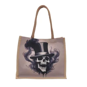 Fashionable canvas tote bag featuring a gothic skull print with purple smoke details