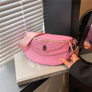 Women PU Leather Chest Bag Skull Embossed Metal Chain Adjustable Wide Strap Fashion Crossbody Bag Punk Waist Bag For Street Wear