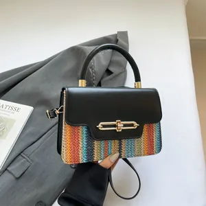Sac Bandoulière Femme Patchwork Cuir PU Sac Carré Tissé Coloré Élégant Sac à Main Épaule Pour Navetteurs
