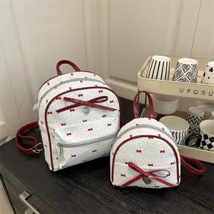 Women Sweet PU Leather Mini Backpack With Red Bow And Heart Pendant Striped Polka Dot Fashion School Bag For Girls Daily Travel