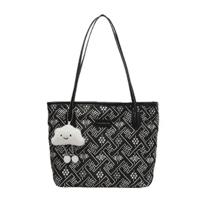 New Chinese style tote bag with geometric patterns and cloud pendant on white background