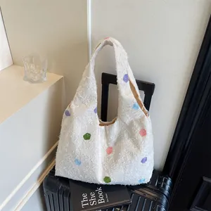 Women Embroidered Butterfly Lace Tote Bag Large Capacity Canvas Shoulder Bag Ins Artistic Casual Daily Handbag Off White