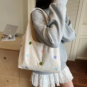 Aesthetic white embroidered butterfly lace tote bag with colorful polka dot patterns