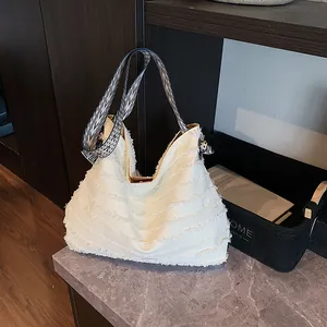 Bohemian Fringe Canvas Tote Bag For Women Large Capacity Beach Vacation Shoulder Bag With Geometric Patterned Wide Strap And Silk Scarf