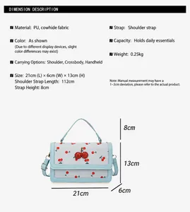 Guía de tallas con medidas 21x13x6cm para el bolso azul con estampado de cerezas