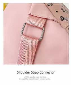 Dettaglio dello zaino in pelle PU rosa con anello in metallo e motivo di orsetti