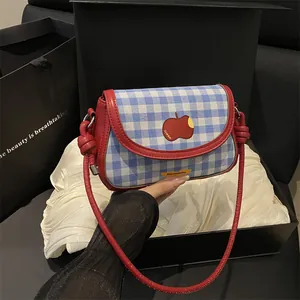 Women Korean Checkered Mini Shoulder Bag Cute Apple Embroidery Contrast PU Leather Crossbody Bag Sweet Small Square Bag