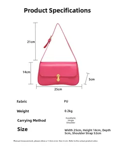 Detailed dimension guide for the magenta faux leather underarm bag with gold buckle