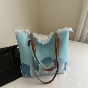 Bolso Tote de Lona de Gran Capacidad Con Flecos e Impresión Floral Bolso de Mano para Mujer Con Asas de Cuero Para Playa Viaje