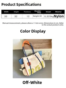 Detailed size chart for the nylon tote bag with RGY print and woven rope handles