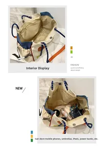 Detail of the large canvas tote bag interior showing capacity for daily essentials