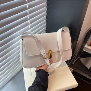 Women Fashion PU Leather Underarm Bag Minimalist Small Square Shoulder Bag With Metal Lock Stitching Detail Daily Handbag