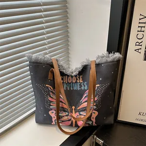 Sac Cabas en Toile Décontracté pour Femme Imprimé Floral Papillon Sac à Épaule à Bords Effilochés Sac à Main de Grande Capacité avec Poignées en Similicuir