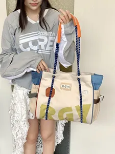 Large Japanese style canvas tote bag with RGY print and blue woven straps for women