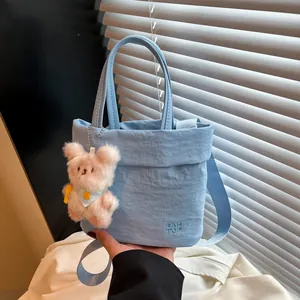 Women Crinkle Texture Oxford Cloth Tote Bag Fashion Crossbody Bag With Plush Bear Charm Large Capacity Commute Handbag