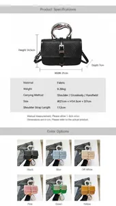 Detailed size chart and multi-color options for the minimalist square handbag with silver handle
