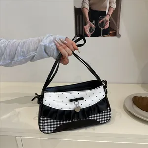 Chic lace bow shoulder bag with heart patterns and checkered design for girls