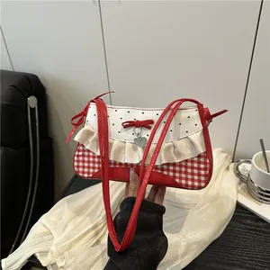 Sweet lace bow shoulder bag with red check pattern and heart pendant for girls