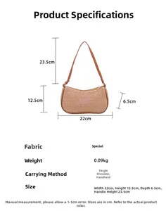 Größentabelle für Stroh-Schultertasche mit Maßen und rosa Schmetterlings-Stickerei-Details