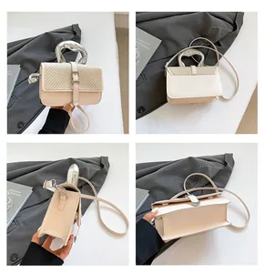 Detail view of beige square bag with woven texture and silver metal handle in four angles