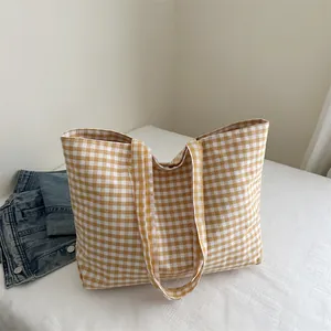 Women Large Capacity Canvas Tote Bag Gingham Plaid Pattern Casual Shoulder Handbag Urban Simple Fashion Daily Commuting Bag