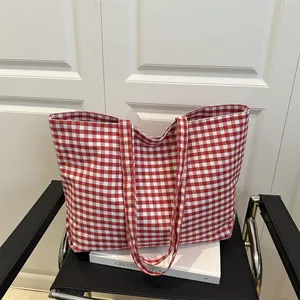 Large red and white gingham canvas tote bag for women, perfect for casual summer outings