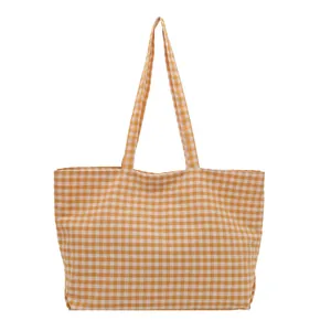 Large orange gingham canvas tote bag with reinforced shoulder straps and spacious design
