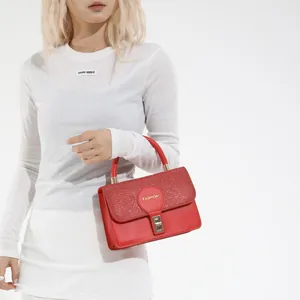 Chic red leather small square handbag with sequin flap and gold twist lock for women