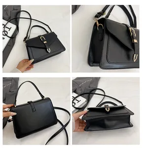Detailed views of the black PU leather crossbody bag featuring a golden metal buckle