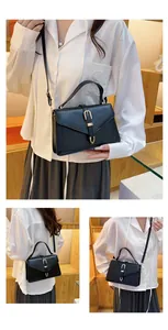 Multiple views of a compact black leather crossbody bag with metallic U-shaped buckle