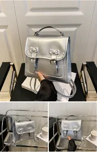 Silberner Mini-Rucksack mit Schleifen-Design und doppelten Gürtelschnallenriemen