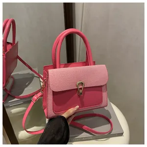 Detail of pink crossbody bag featuring checkered fabric panels and gold metal buckle