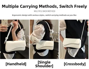 Minimalist beige handbag with wavy flap detail showing handbag, shoulder, and crossbody use