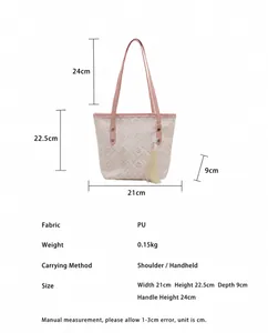 Detailed size specifications for pink and white PU leather tote bag with dimensions