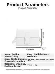 Detailed dimensions of white shoulder bag with large square buckle 21x7x15cm