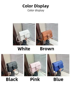 Color display of stylish flap square bags in white, brown, black, pink, and blue variants