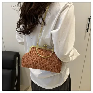 Detailed view of brown woven crossbody bag featuring vintage gold chain and clasp closure