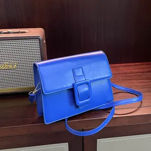 Women Fashion PU Leather Small Square Crossbody Bag Minimalist Large Buckle Shoulder Bag Solid Color Commuter Handbag