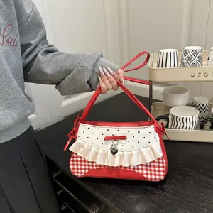 Sweet Bow Heart Gingham Underarm Bag For Women Ruffle Satin Trim PU Leather Shoulder Handbag Y2K Retro Fashion Gift