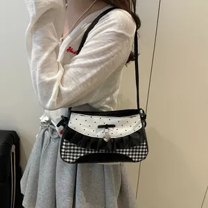 Sweet bow shoulder bag with heart dots and plaid pattern in black and white