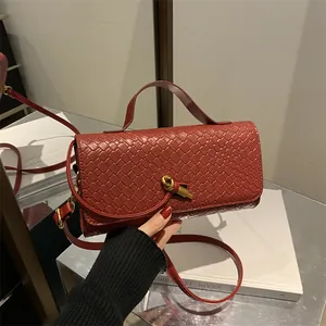 Women Woven PU Leather Underarm Bag Fashion Woven Texture Crossbody Shoulder Bag With Golden Knot Buckle Elegant Handbag